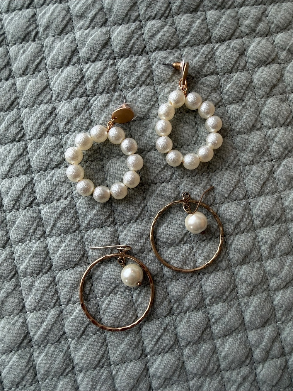 Classic Pearl Hoop Earrings - Cream Pearls with Gold Accents 2 Pair Set